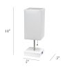 Petite White Stick Lamp with USB Charging Port and Fabric Shade, White