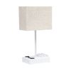 Modern Rectangular Multi-Use 1 Light Desk Lamp with 2 USB Ports and Charging Outlet with Beige Fabric Shade, White