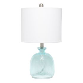 Clear Blue Hammered Glass Jar Table Lamp with White Linen Shade