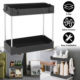 2-Tier Under Sink Shelf Organizer Space Saving Under Bathroom Sink Storage Rack w/ 4 Hooks (Color: Black)