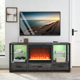 60 Inch Electric Fireplace Media TV Stand With Sync Colorful LED Lights-Dark rustic oak color (Color: as Pic)