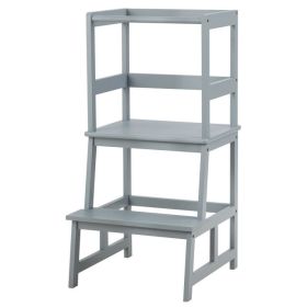 Kids Wooden Kitchen Step Stool with Safety Rail (Color: Gray)