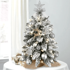 22in Mini Christmas Tree With Lights, Rose Gold Artificial Small Tabletop Christmas Tree With Flocked Snow (Color: Silver)