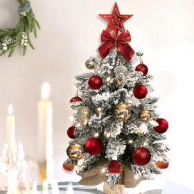 22in Mini Christmas Tree With Lights, Rose Gold Artificial Small Tabletop Christmas Tree With Flocked Snow (Color: Red)