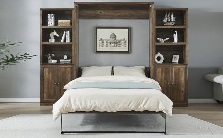 Queen Size Murphy Wall Bed With 2 Storage Cabinets, White or Brown (Color: Brown, size: queen)