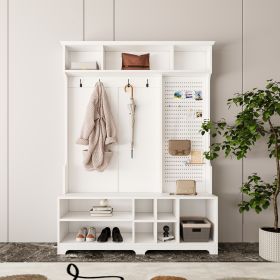 Hall Tree with Shoe Bench, Coat Rack ,Shoe Storage ,Storage Shelves and Pegboard, for Hallways, Halls and Bedrooms (Color: White)