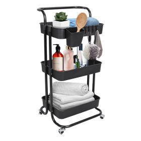 3 Tier Rolling Utility Cart Movable Storage Organizer with Mesh Baskets Lockable Wheels 360 Degree Rotatable Hanging Box Hooks Bedroom Bathroom Kitche (Type: 3 Tier, Color: Black)