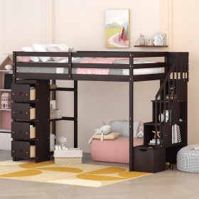 Twin size Loft Bed with Storage Drawers and Stairs, Wooden Loft Bed with Shelves (Color: Espresso)