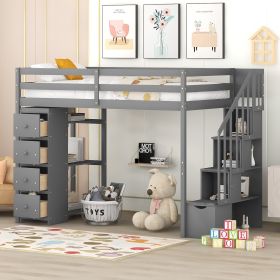 Twin size Loft Bed with Storage Drawers and Stairs, Wooden Loft Bed with Shelves (Color: Gray)