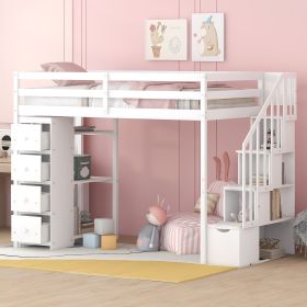 Twin size Loft Bed with Storage Drawers and Stairs, Wooden Loft Bed with Shelves (Color: White)