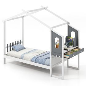 Twin/Full Bed Frame with House Roof Canopy and Fence for Kids (size: Full Size)