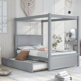 Wood Canopy Bed with Trundle Bed ; Full Size Canopy Platform bed With Support Slats .No Box Spring Needed (Color: Gray)