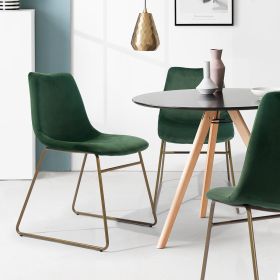 2 Modern Dining Chairs with Velvet Seat and Golden Metal Legs (Color: Forest Green)