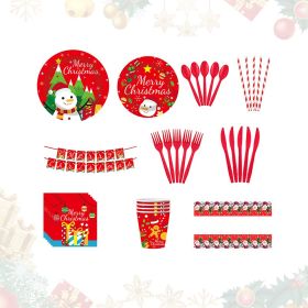 Christmas 10-piece set   Set Party Supplies Snowman Disposable Tableware Paper Plates and Napkins Banners Plastic tablecloths Cutlery Serves 60 for Me (Color: Red)