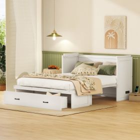 Queen Size Murphy Bed with USB Port and a Large Drawer, White (Color: White, size: queen)