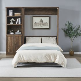 Full Murphy Wall Bed With 1 Side Storage Cabinets, White or Brown (Color: Brown, size: Full)