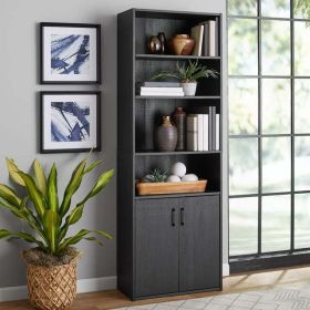 Traditional 5 Shelf Bookcase with Doors in White or Black (Color: Black)