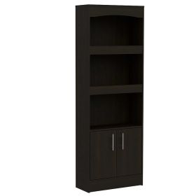 Bookcase 3 Shelves and Double Door Cabinet, Light Gray or Black (Color: Black)